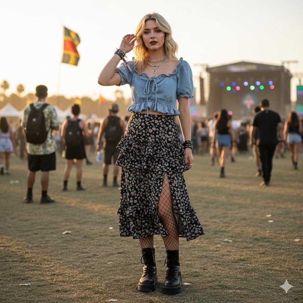 IRIS Denim Crop Top Ruffle Chambray Shirt‎ S Festival Grunge Western Y2K  Boho